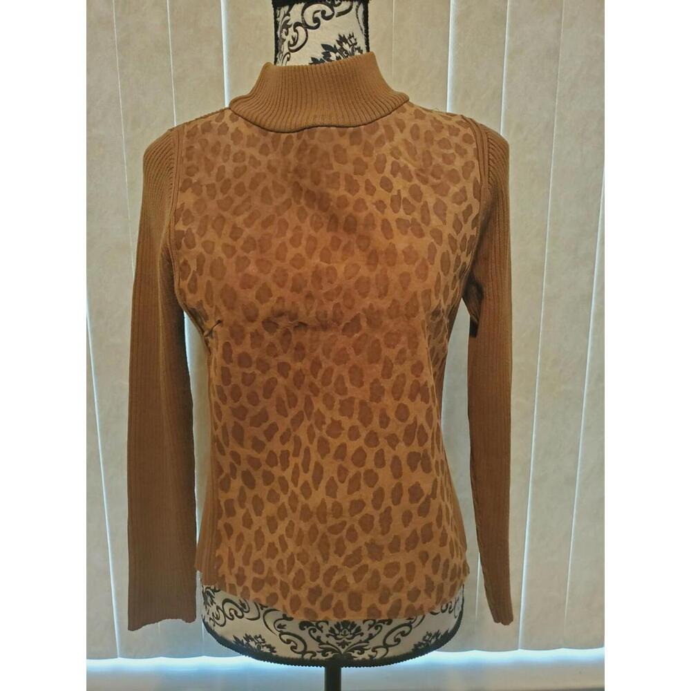 Escapade Turtleneck Sweater Animal Print Long Sleeve Brown Size Medium Petite